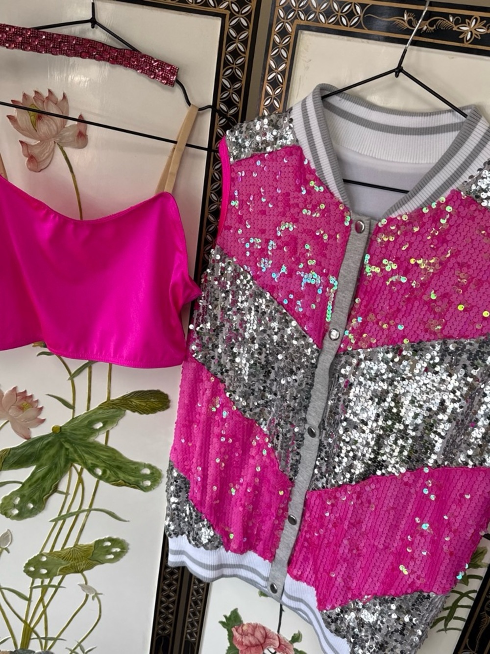 THREE PIECES! Sequined jacket, halter top and RHINESTONED headband, Weissman